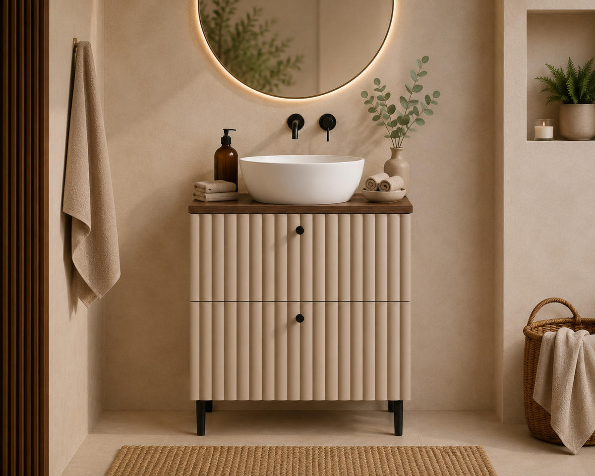 BADEZIMMERSCHRANK: Kaschmir / Platte Nusseiche / Griffe Schwarz / Beine Schwarz, 60 x 44,4 x 73,6 cm - Kaschmir/Schwarz, Holzwerkstoff (60/73.6/44.4cm) - 3XE LIVING