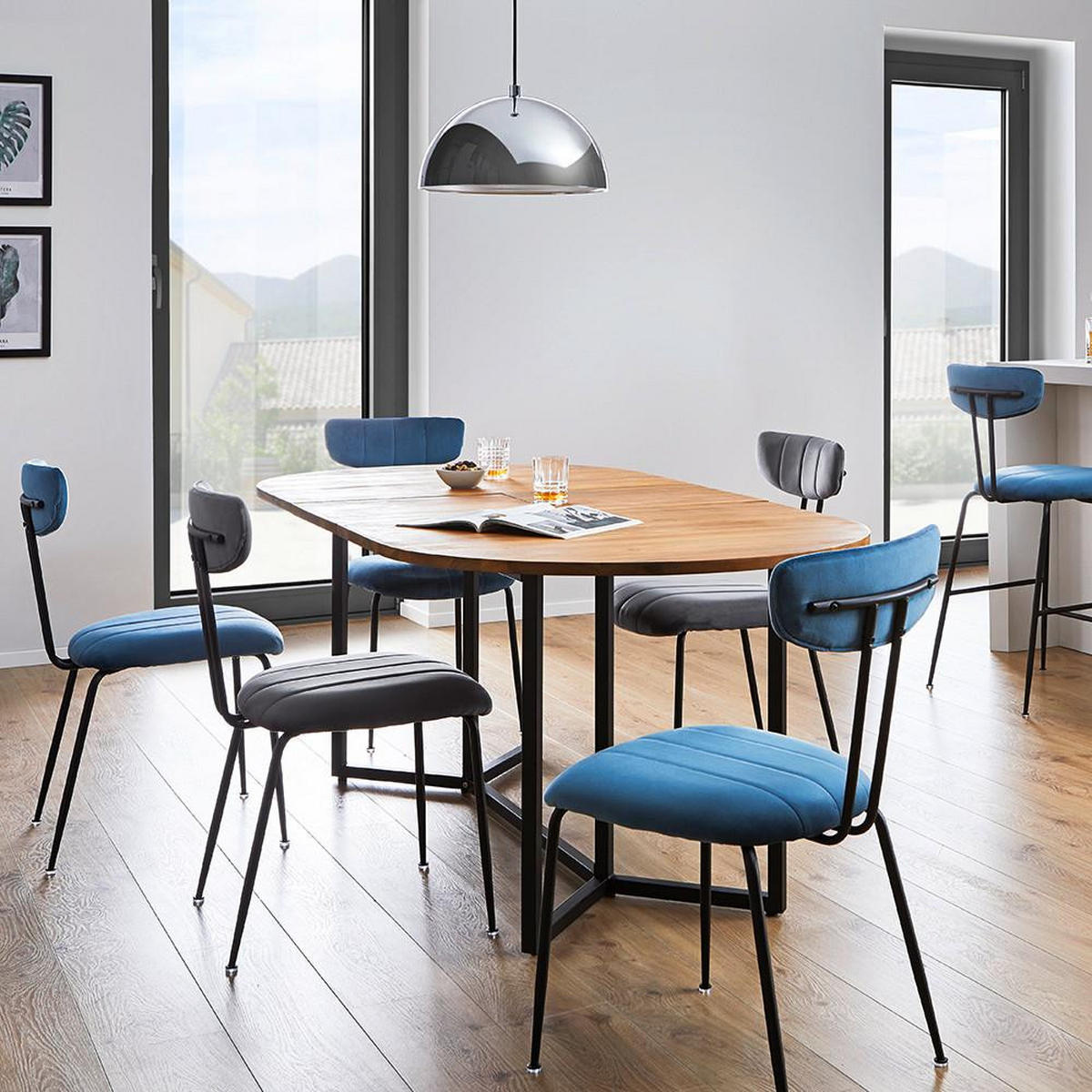 STUHL Tylor Blau Samt Gepolstert - Blau, Holz (45/85/58cm) - Bessagi Home