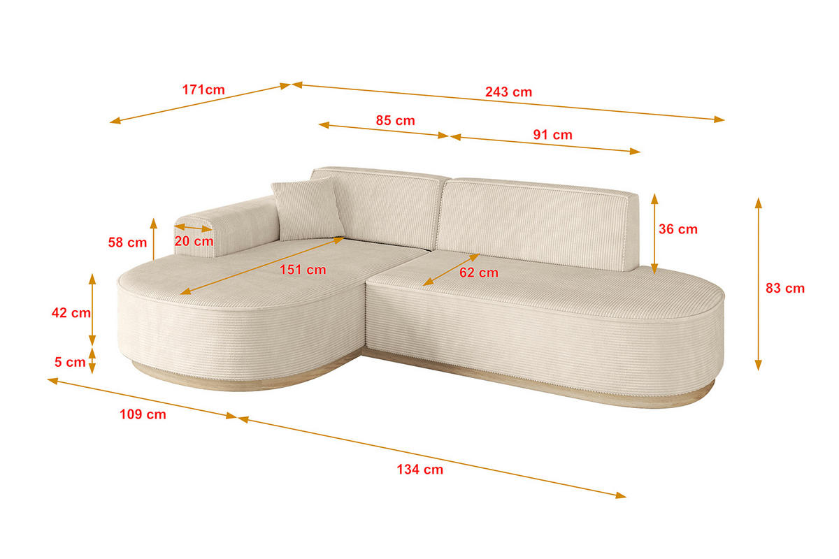 ECKSOFA Ottomane Links MARI-L1-v1 - 243x171x83 cm Beige Cord - Beige, Holzwerkstoff/Textil (243/171cm) - ALTDECOR