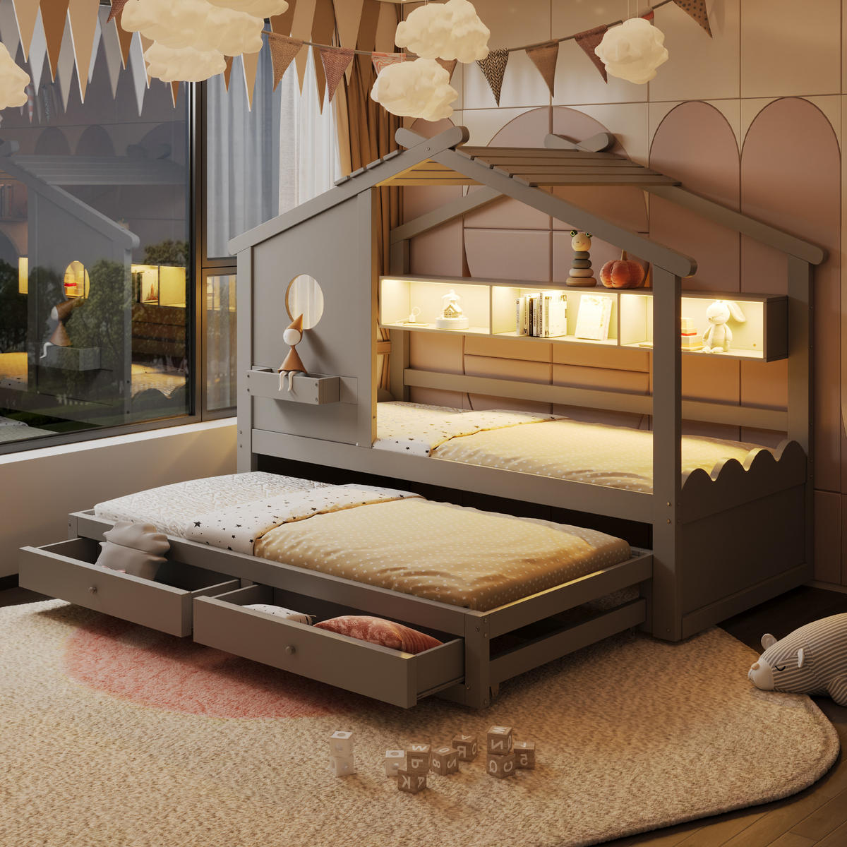 KINDERBETT 90x200 cm Rollbett LED grau - Grau, Holz (90/200cm) - LEBENLANG