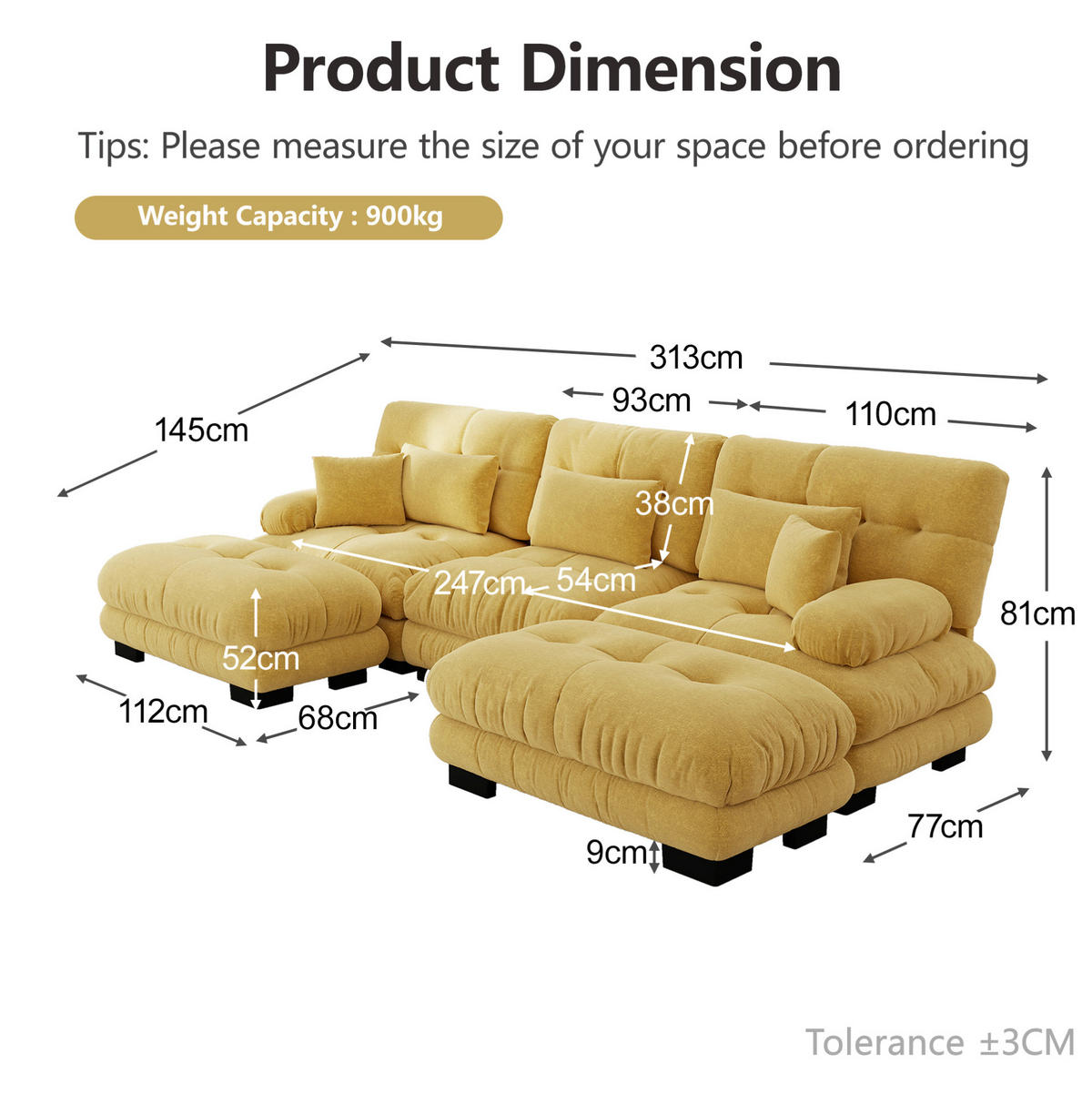 ECKSOFA 313/145/81 cm ggelb aus Chenille modular mit Ottomane und Tiefsitz - Gelb, Textil (145/313cm) - OKWISH