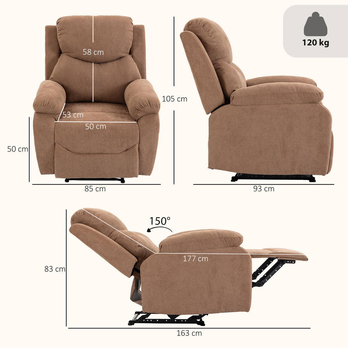 RELAXSESSEL Polyester Dunkelbraun - Dunkelbraun/Schwarz, Textil/Metall (85/105/93cm) - HOMCOM