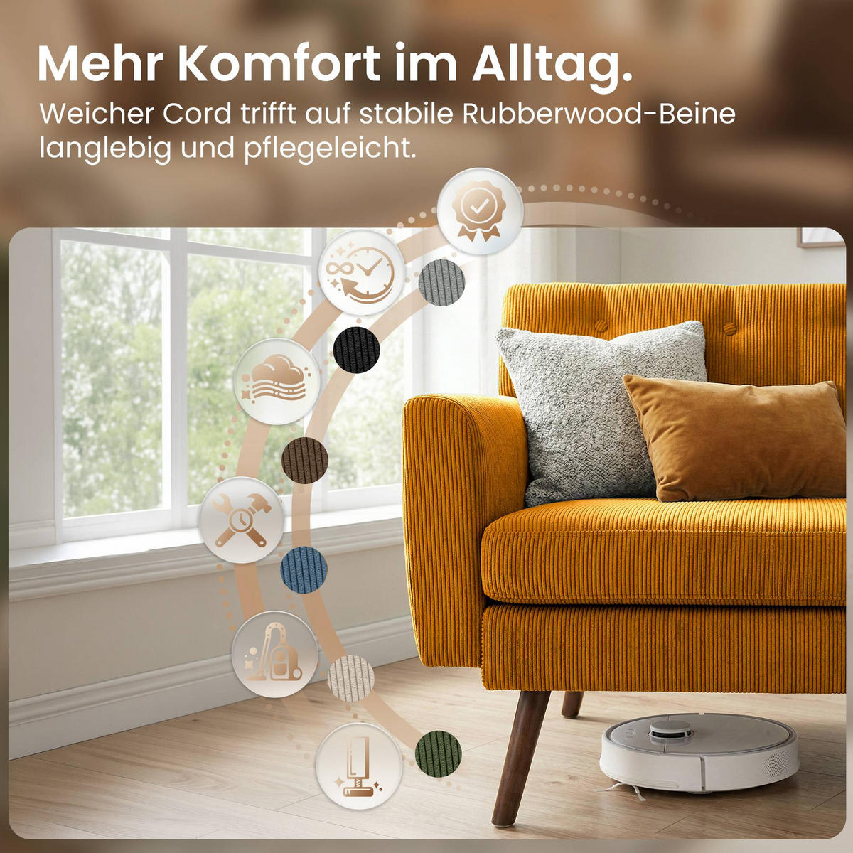 SOFA 120/74 cm Cord Orange - Braun/Orange, Holz/Textil (120/81/74cm) - CLP