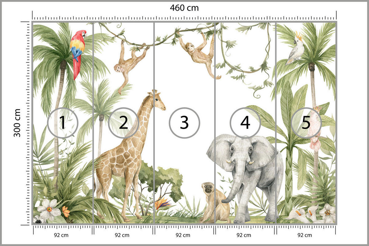 FOTOTAPETE für Kinderzimmer TIERE tropische Pflanzen Natur 460x300cm - Rot/Weiß, Papier (460/300cm) - Muralo