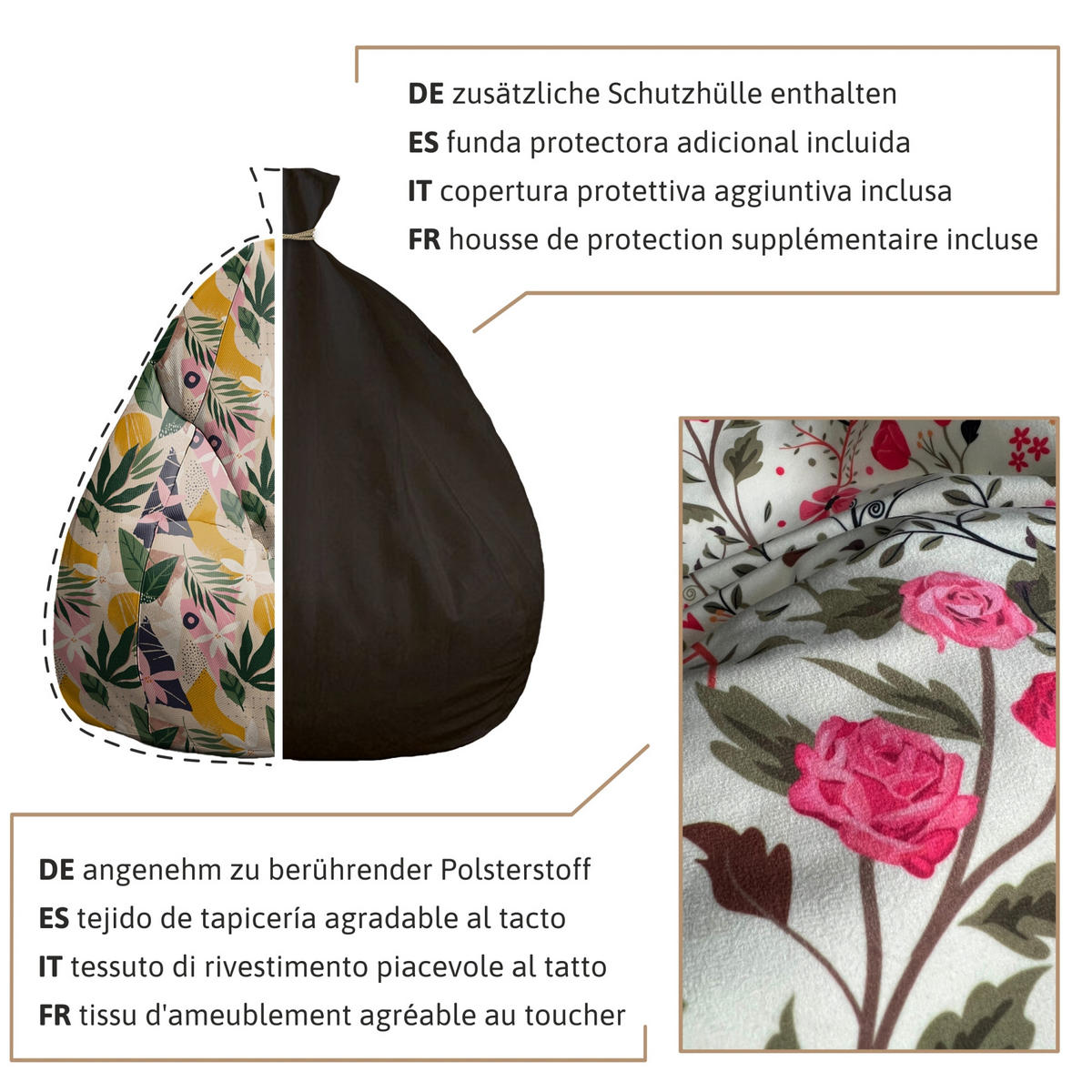 SITZSACK MIT FUßSTÜTZE Velvet 2-tlg Romantic Flowers S - Schwarz, Textil (70/105/70cm) - Dreamroots