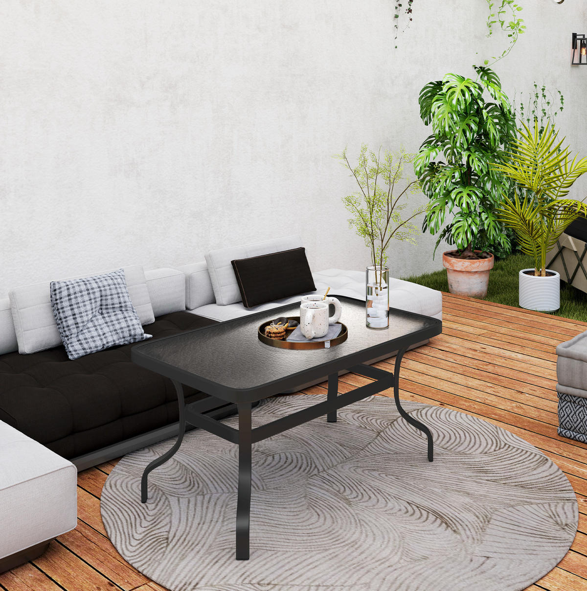 GARTENTISCH aus Metall 95x55x46 cm Schwarz mit Hartglasplatte - Naturfarben, Metall (95/55/46cm) - Modfu