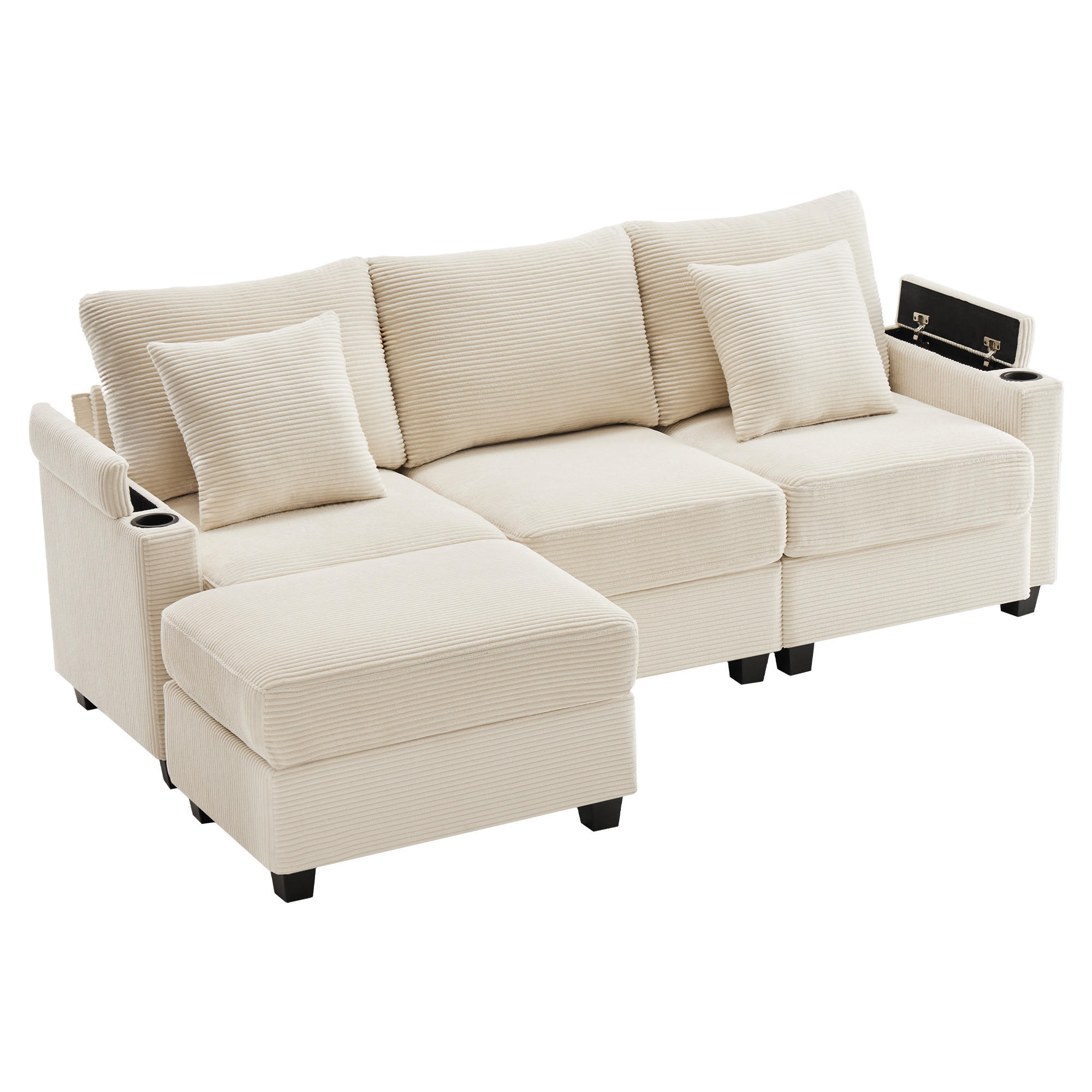 ECKSOFA 213.5x139x87 aus Cord mit USB-Ladegerät und Armlehnenablage, beige - Beige, Textil (139/213.5cm) - Luhomfu