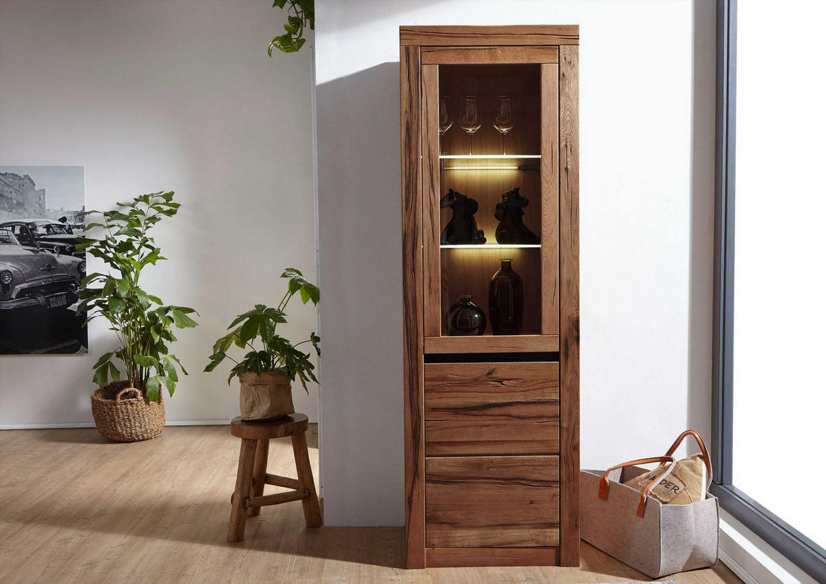 VITRINE Wild-/Zerreiche 62x42x191 Tabacco brown geölt MONTREUX #320 - Braun, Holz (62/191/42cm) - Massivmoebel24