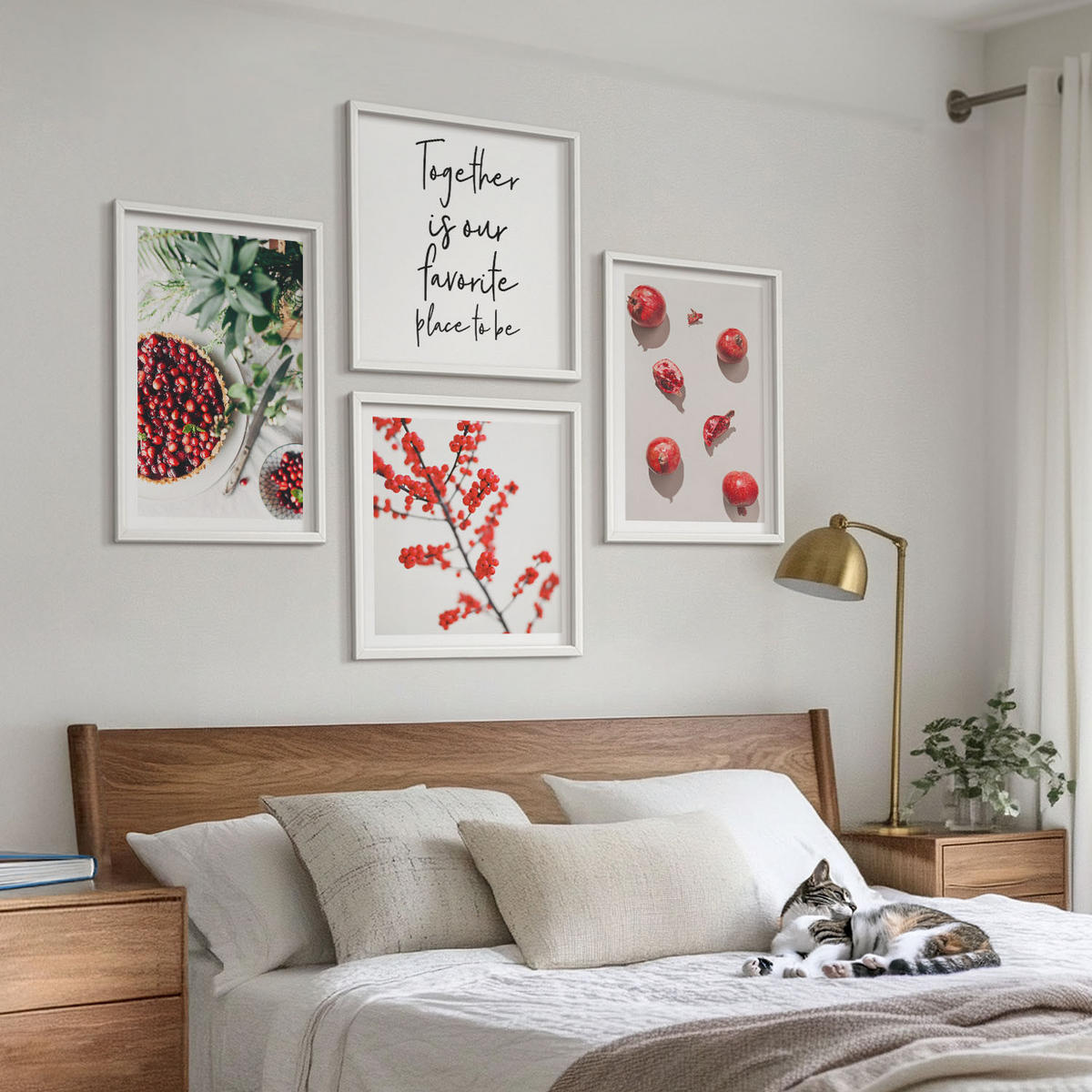 BILDER SET 4er Set - 50x50 cm & 40x60 cm Weißer Rahmen - Minimalismus der roten Früchte von Pflanzen - Weiß, Kunststoff (50/50cm) - TULUP