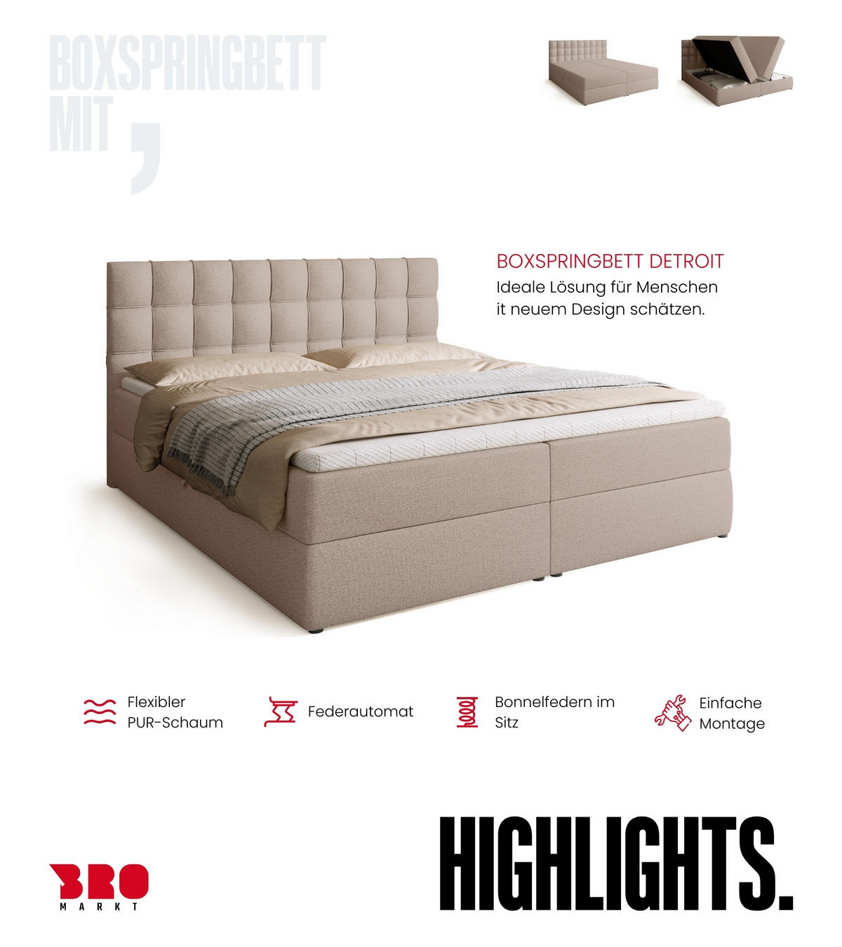 BOXBETT Detroit mit Topper 180/200 Beige - Creme, Textil (180/200cm) - Bromarkt