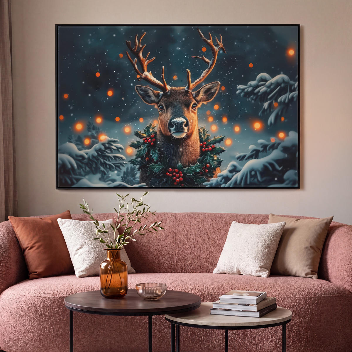 LEINWAND Bilder mit Rahmen - Hirsch - Weihnachten - Winter - Schnee - Weihnachtskranz - 120x80 - Dunkelbraun, Textil (120/80cm) - MuchoWow