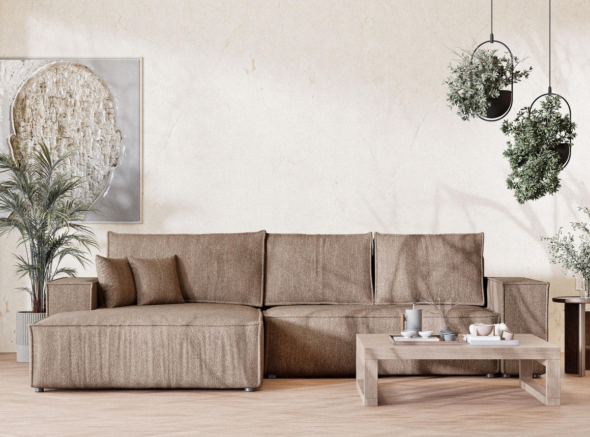 ECKSOFA MIT SCHLAFFUNKTION Maze Hellbraun Webstoff - Hellbraun/Schwarz, Holz/Holzwerkstoff (294/185cm) - Maison de Reve