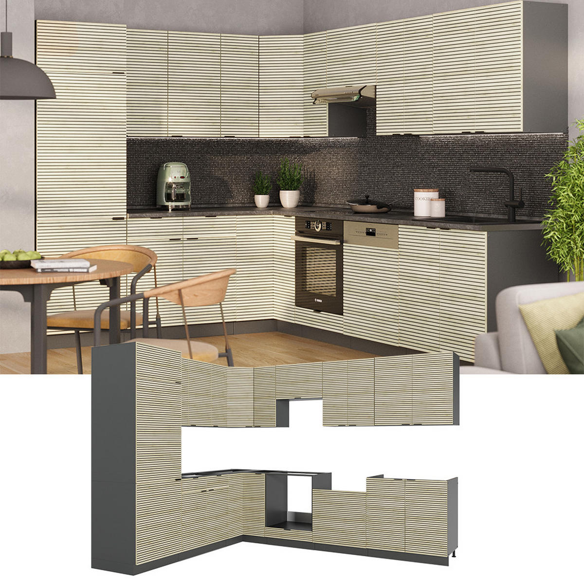 ROHOVÁ KUCHYŇ Fame-Line Dubový panel/antracit - antracitová/barva dubu, kompozitní dřevo (287/81.6/46cm) - Vicco