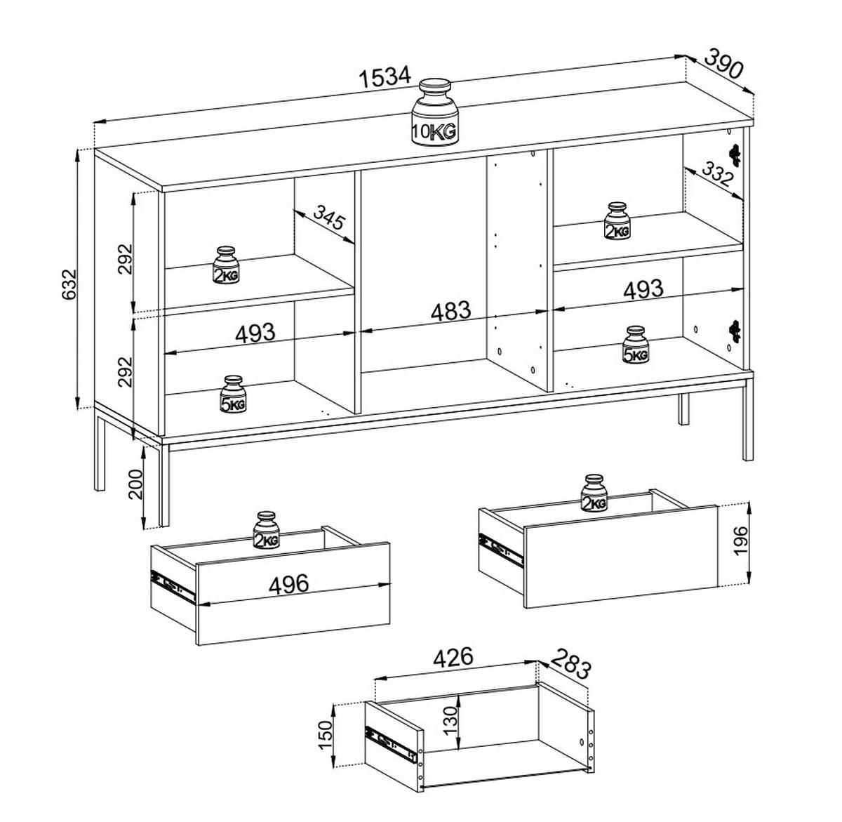 KOMMODE 150 cm Haller mit Schubladen, LED-Beleuchtung, Lamellen, Braun - Braun, Holz (154/83/39cm) - Emporius