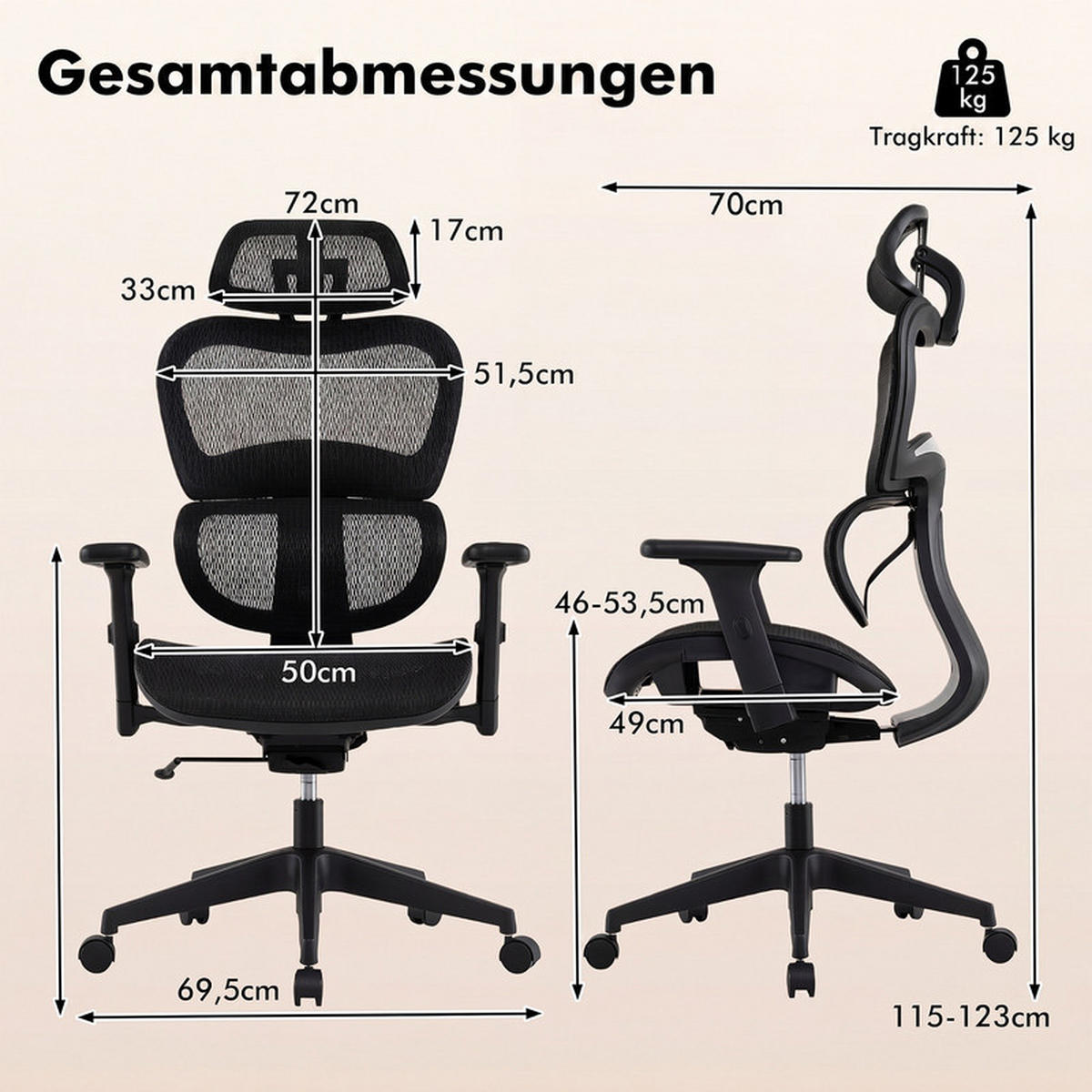 BÜROSTUHL mit verstellbaren Armlehnen und Kopfstütze schwarz - Schwarz, Metall (70/115/70cm) - COSTWAY