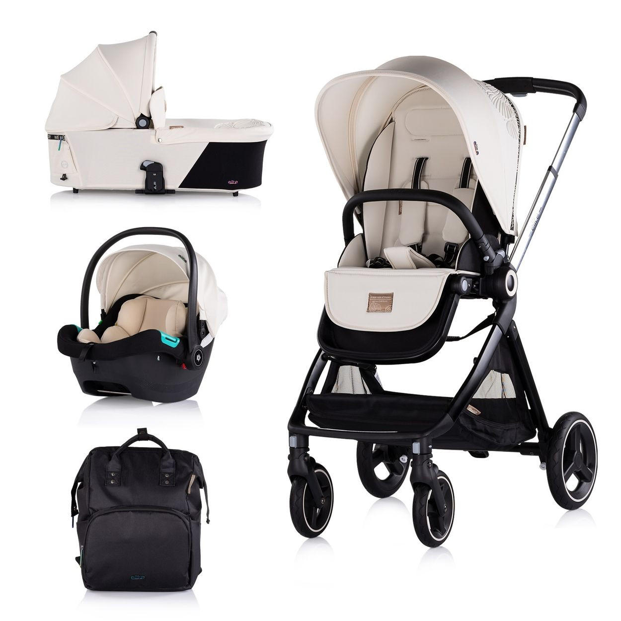 KINDERWAGEN Elite 3 in 1 schwarz beige i-Size Babyschale Sportsitz Babywanne Tasche - Beige/Schwarz, Metall (75/58/111cm) - Chipolino