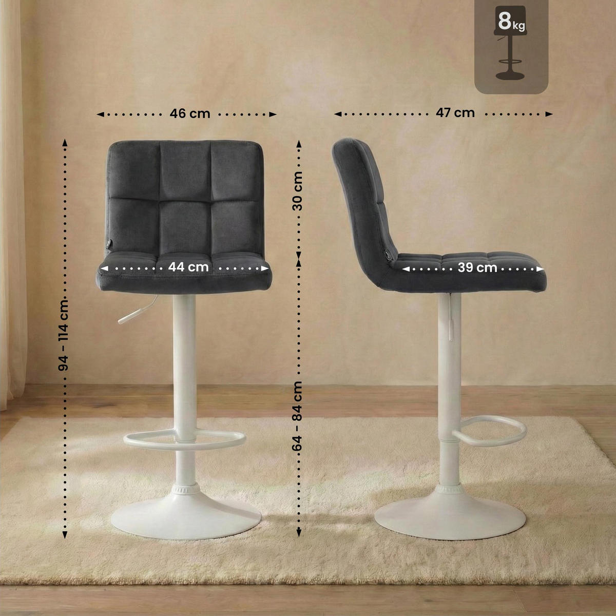 BARHOCKER Samt dunkelgrau - Dunkelgrau/Weiß, Textil/Metall (46/94/47cm) - CLP