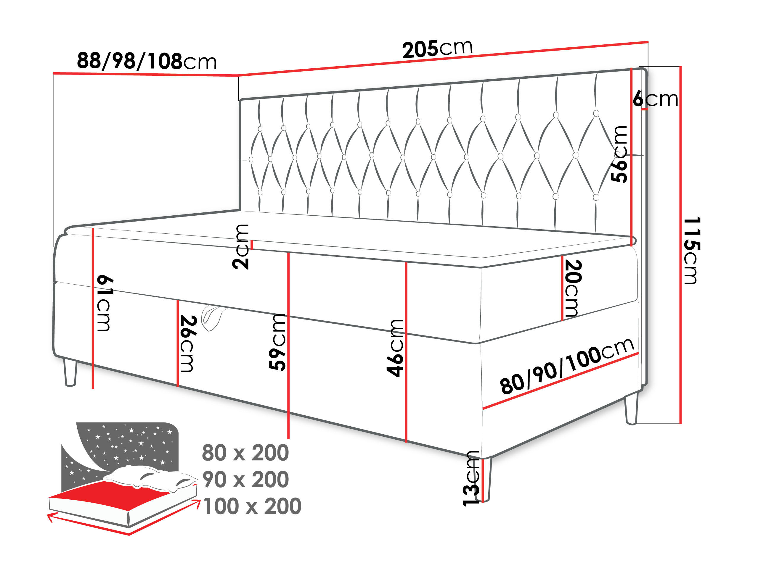 Thumbnail - Mirjan24 Boxbett, Weiß, Schwarz, Holz, 100x200 cm, Schlafzimmer, Betten, Boxspringbetten