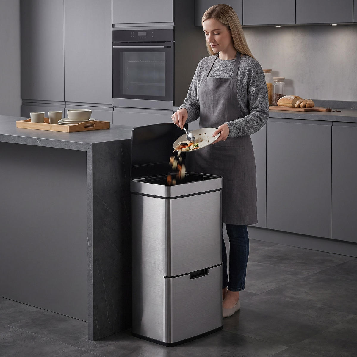 MÜLLEIMER MIT SENSOR 72L 42/81/30 cm Edelstahl Silberfarben Mülltrennsystem 3 Fächer Küche - Silberfarben, Metall (30/81/42cm) - Rolipo