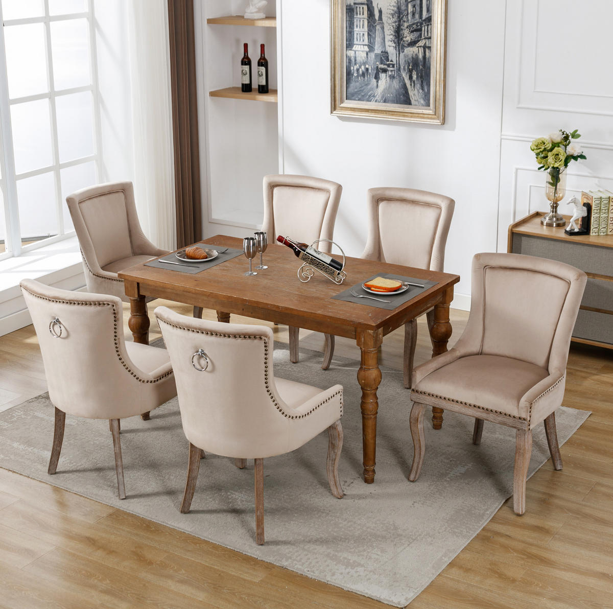 ESSZIMMERSTUHL gepolstert Samt Beige Massivholzrahmen 6er-Set - Beige, Holz (61/91/55.2cm) - Meubliv