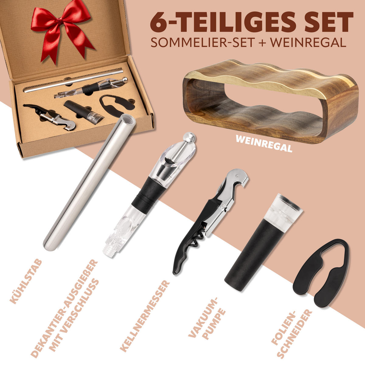 WEINREGAL-SET 6tlg, Akazienholz - Akaziefarben, Holz (38/12.5/16cm) - eluno