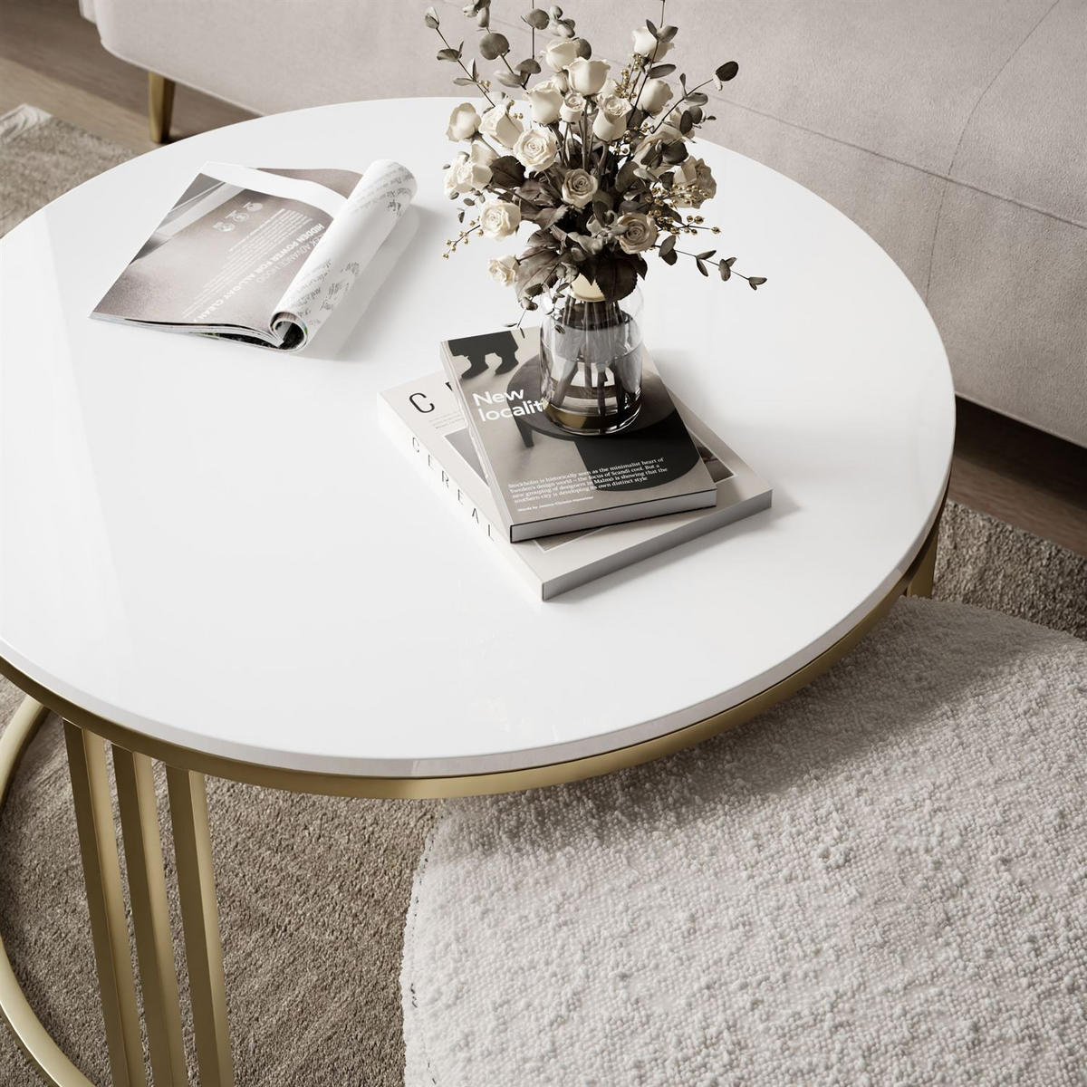 COUCHTISCH mit Hocker LORI Hochglanz gebürstetes Gold/weißer Glanz/Coral 65 - Weiß, Metall (70/70/49cm) - Lookway