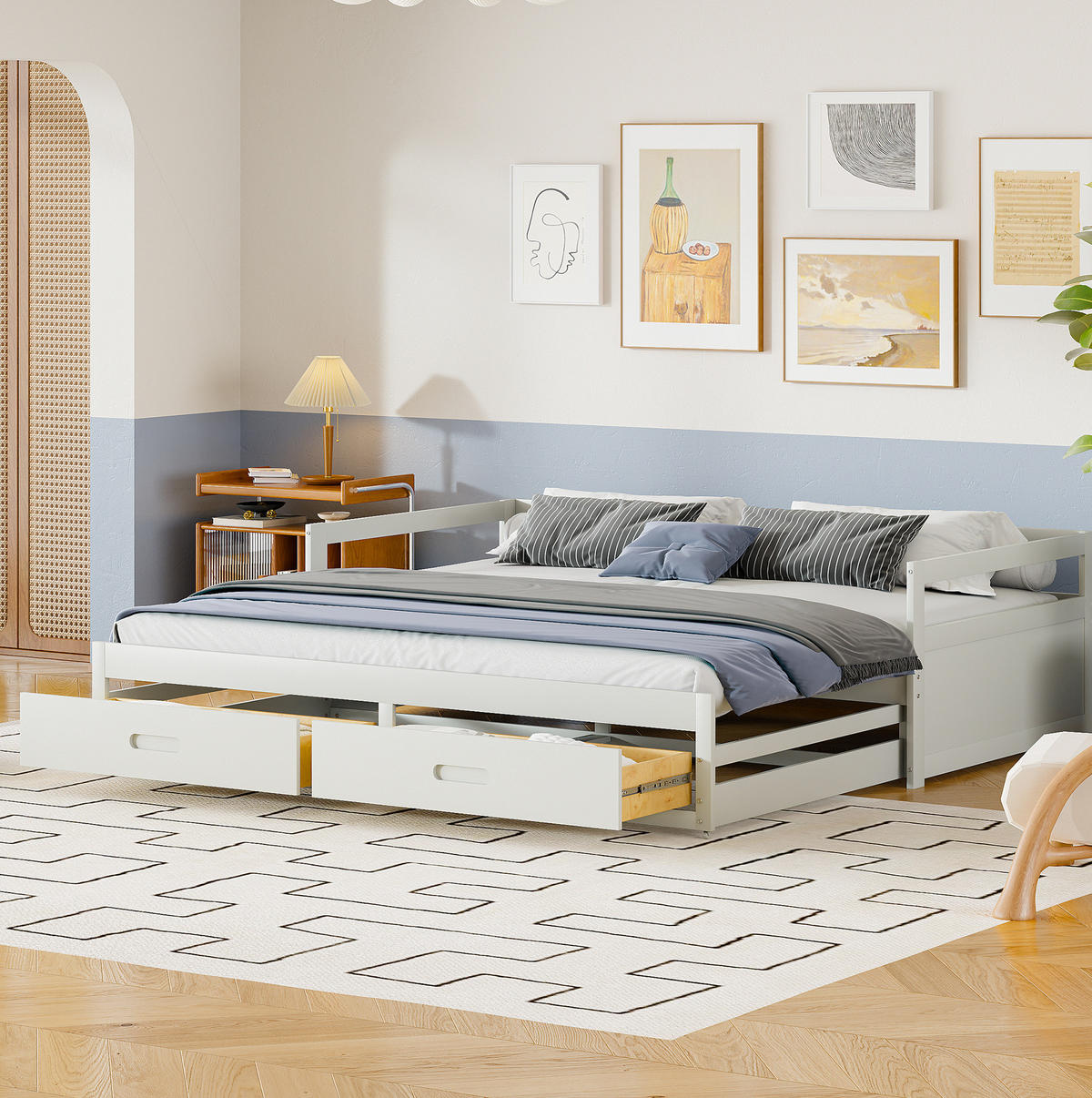 BETT ausziehbar mit Stauraum Kiefernholz weiß 90/200 cm - Weiß, Holz (90/200cm) - OKWISH