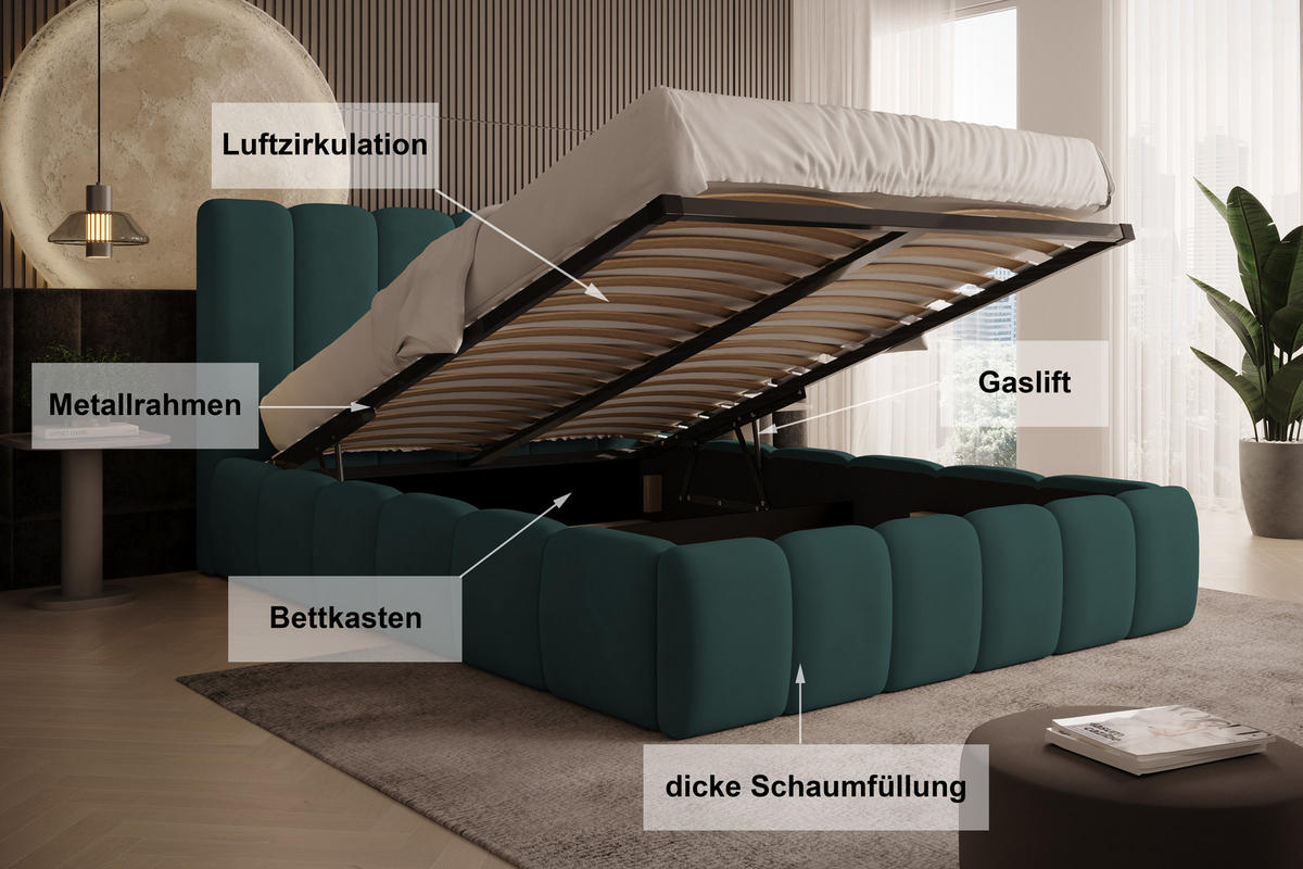 POLSTERBETT Vilo 200x200 mit Bettkasten und Stabilem Metallgestell - Türkis, Textil (200/200cm) - Storez24