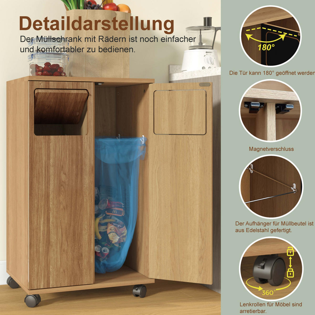 KOMMODE 46,7/80/35 cm Natur aus MDF mit Rollen - Naturfarben, Holzwerkstoff (35/80/46.7cm) - OKMYHOME