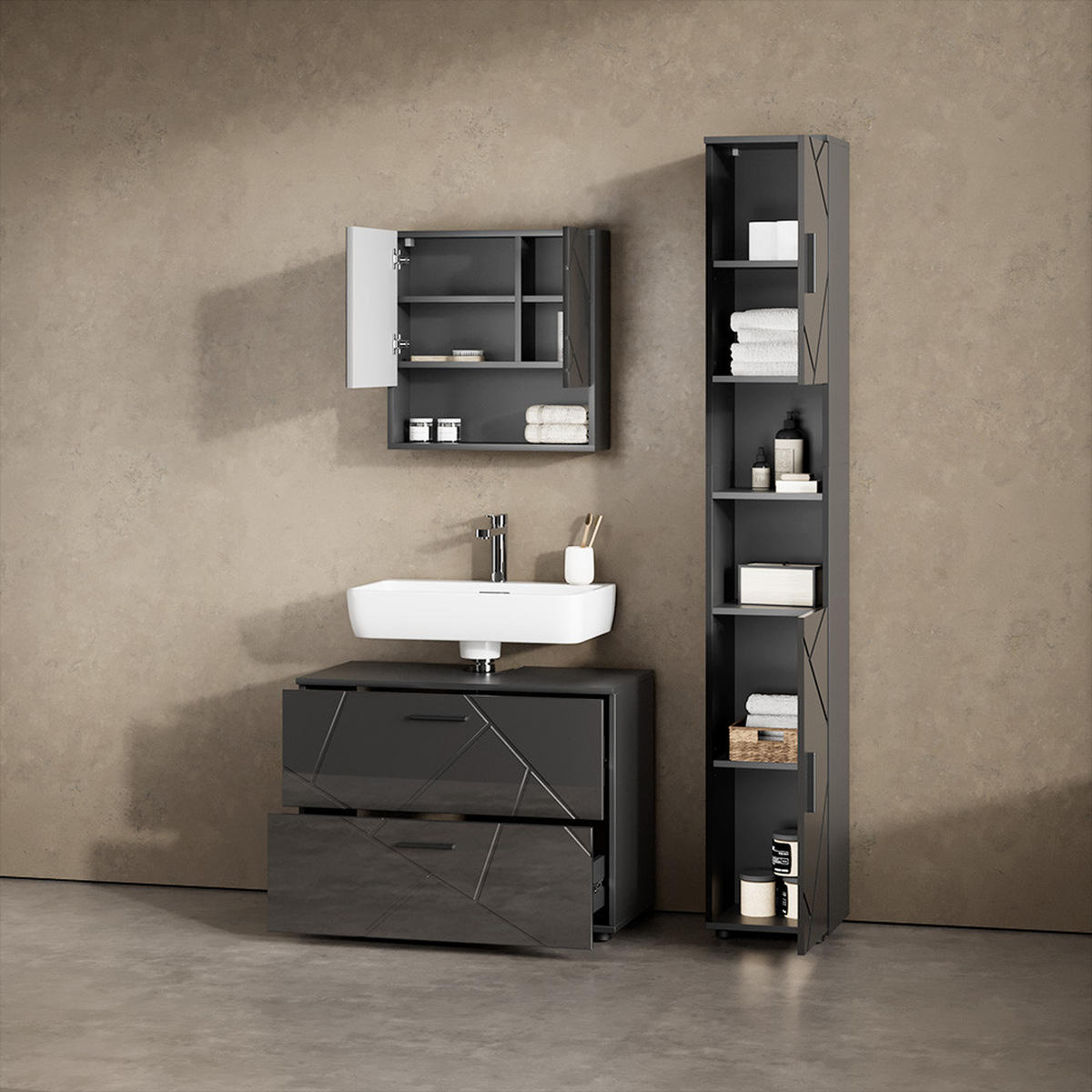 BADMÖBEL-SET Ronco Anthrazit Hochglanz 2 Teile - Anthrazit, Holzwerkstoff (80/58/41cm) - Livinity®