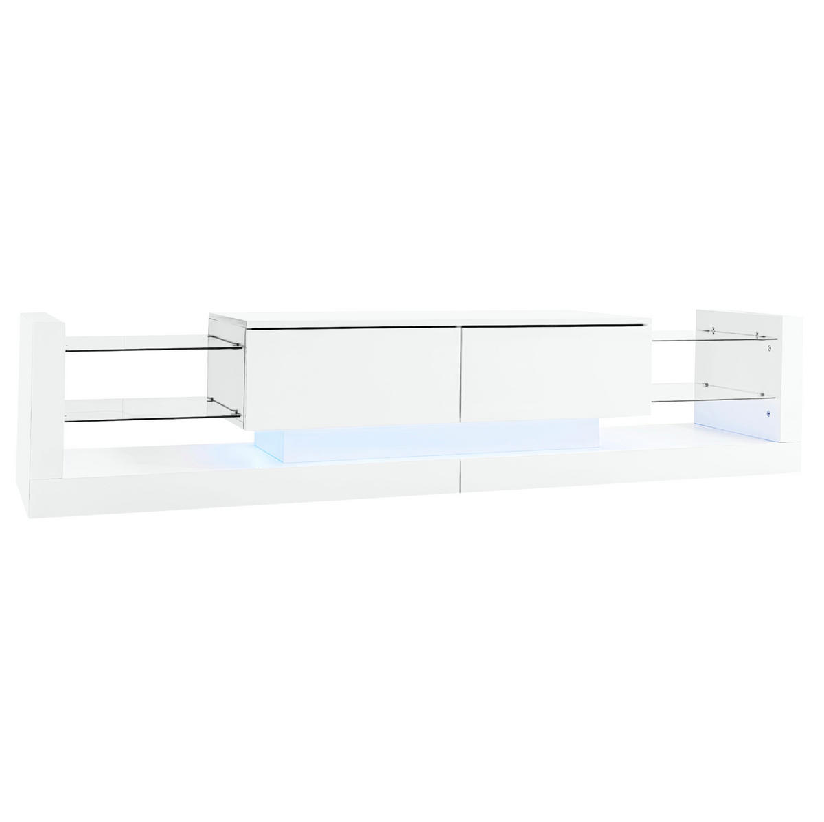 NÍZKA komoda 181/38/38 cm s LED osvetlením, skleneným čelom a 2 výklopnými zásuvkami, Biela - biela, kompozitné drevo (181/38/38cm) - Redom