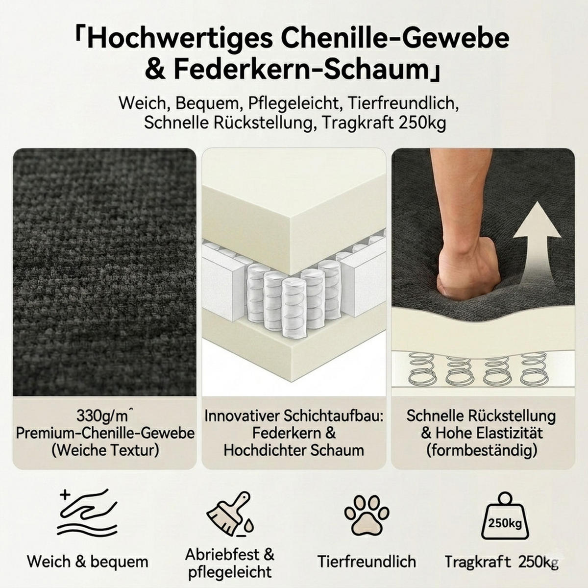 ECKSOFA Chenille-Stoff 262cm - Schwarz, Textil (144/262cm) - Raelunyi