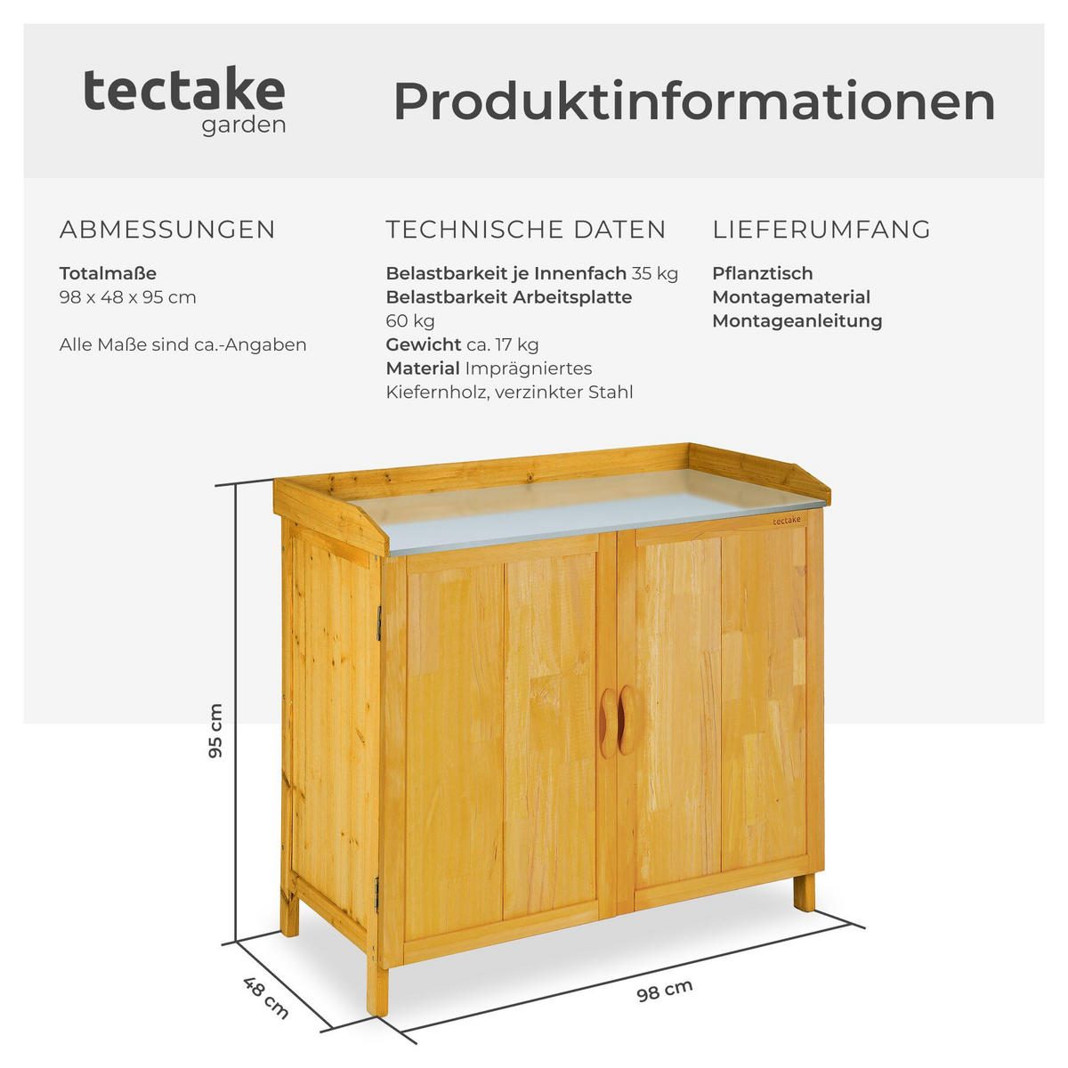PFLANZTISCH Vita, 98 x 48 x 95 cm, braun - Braun, Holz (98/48/95cm) - tectake