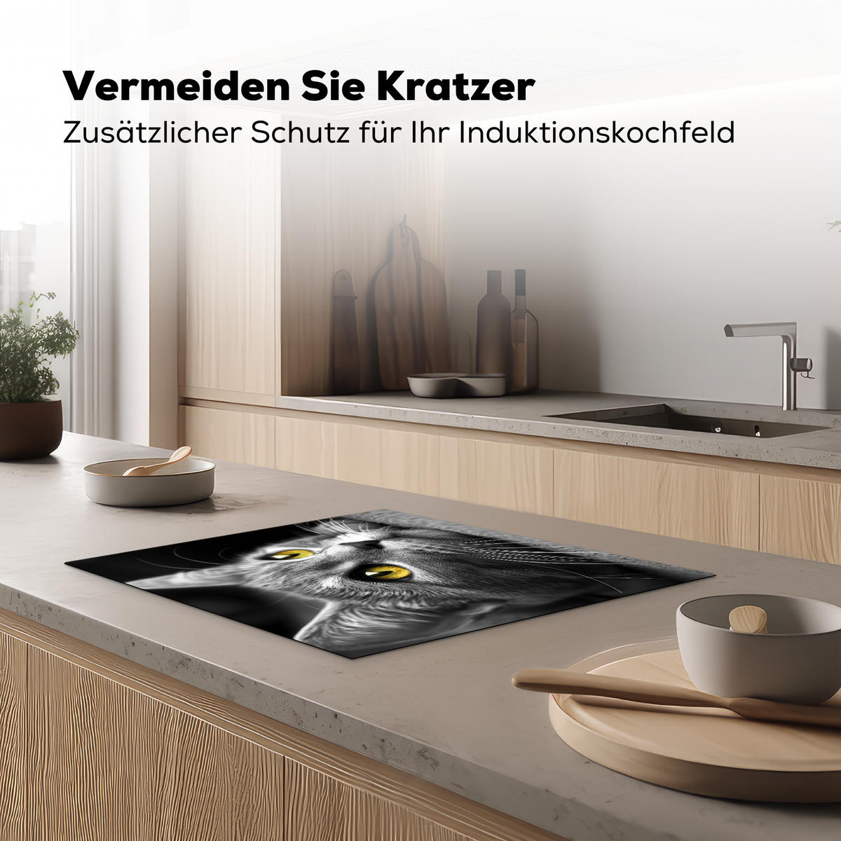 HERDABDECKPLATTE Katze - Grau - Tiere - Katze Herdabdeckung Induktionsfeld 65x52 cm - Grau, Kunststoff (65/52/0.2cm) - MuchoWow