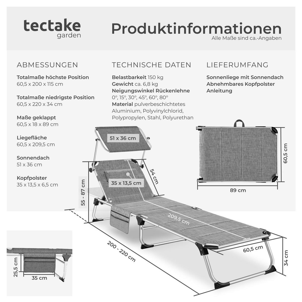SONNENLIEGE aus Aluminium Lorella, 200 x 60,5 x 34 cm, mit Seitentasche, grau-meliert - Grau, Kunststoff (60.5/115/200cm) - tectake