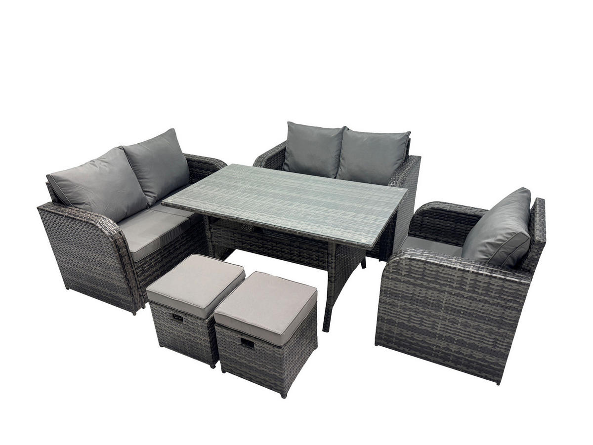 GARTENMÖBELGARNITUR mit Esstisch Polyrattan 7-Sitzer - Dunkelgrau/Grau, Glas/Kunststoff - Fimous