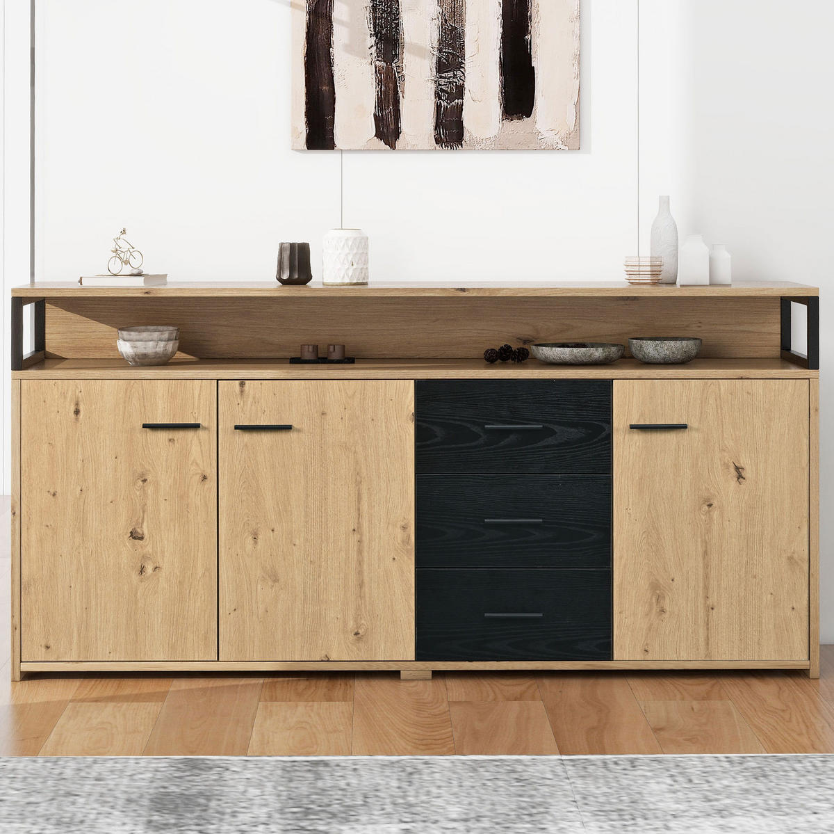LOWBOARD 150/35/75.9 cm Schwarz/Braun aus Spanplatte mit 3 Türen und 3 Schubladen - Naturfarben, Holzwerkstoff (35/75.9/150cm) - OKMYHOME
