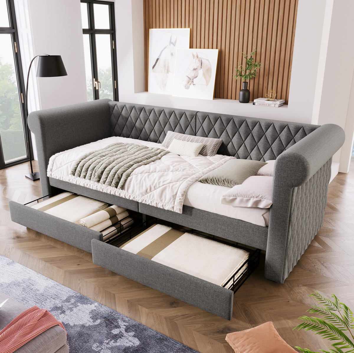 BETT Vintage Kopfteil mit 2 Schubladen Grau Leinen 90/200 cm - Grau, Textil (90/200cm) - OKWISH