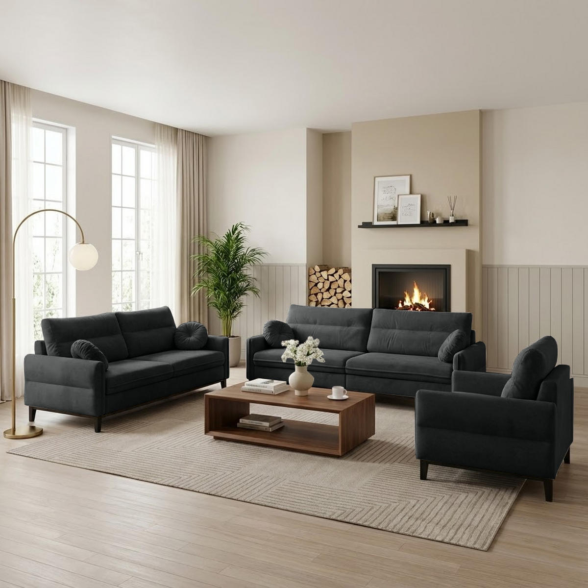 SITZGARNITUR Belweder, zwei Sofas+Sessel, Dunkelgrau, Velours - Wengefarben/Anthrazit, Holz/Textil (268/95/94cm) - Beautysofa