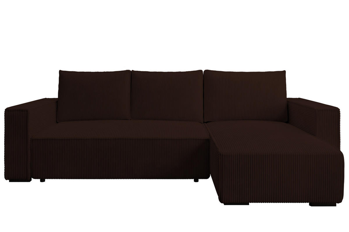 ECKSOFA CUDDY L, Eckcouch in L-Form mit Schlaffunktion und Bettkasten, Farbe: Dunkelbraun, Cordstoff, Ottomane Rechts - Dunkelbraun, Textil (240/140cm) - Storez24