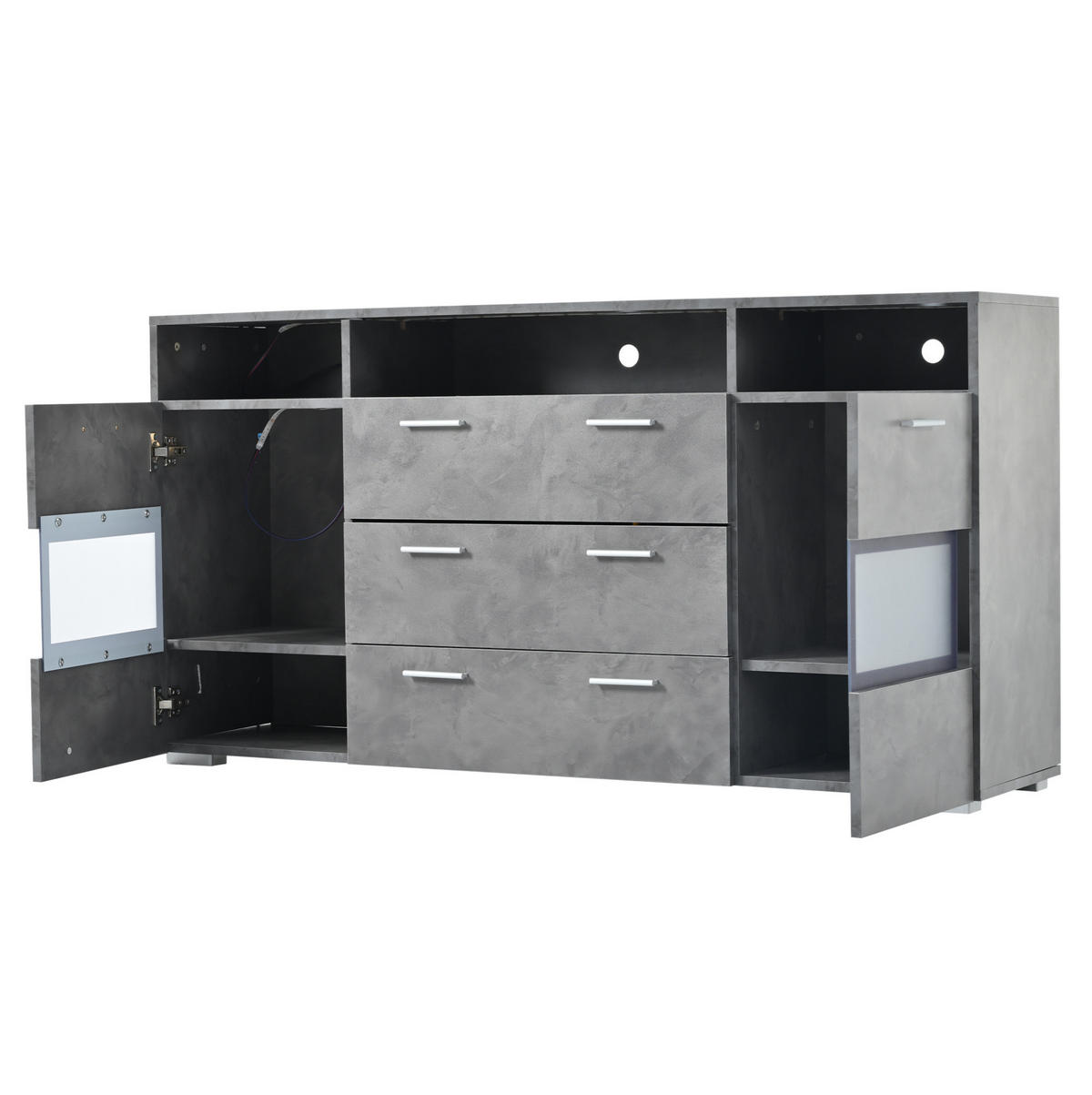 SIDEBOARD 140/33,5/72,5 cm mit LED, 2 Türen, 3 Schubladen & offenen Fächern - Grau, Holzwerkstoff (140/72.5/33.5cm) - BEAOK