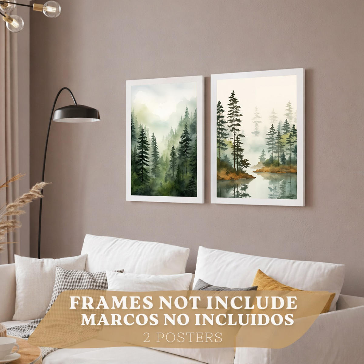 PLAKAT Sada 2 dekorativních tisků Nordic Forest Landscape Moderní obývák Obrázky - Zelené a hnědé dekorativní plakáty Dekorace Obývací A3 bez rámu - čirá, papír (29.7/42/3cm) - Nacnic