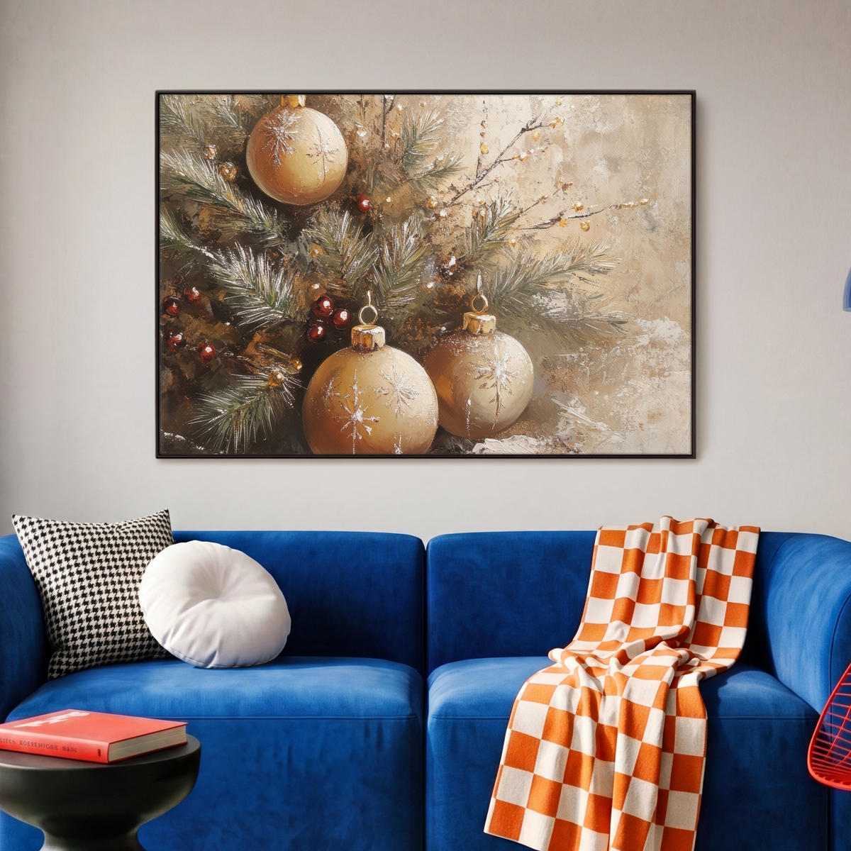 LEINWAND Bilder mit Rahmen - Weihnachten - Kugeln - Beige - Gold - 90x60 - Goldfarben, Textil (90/60cm) - MuchoWow