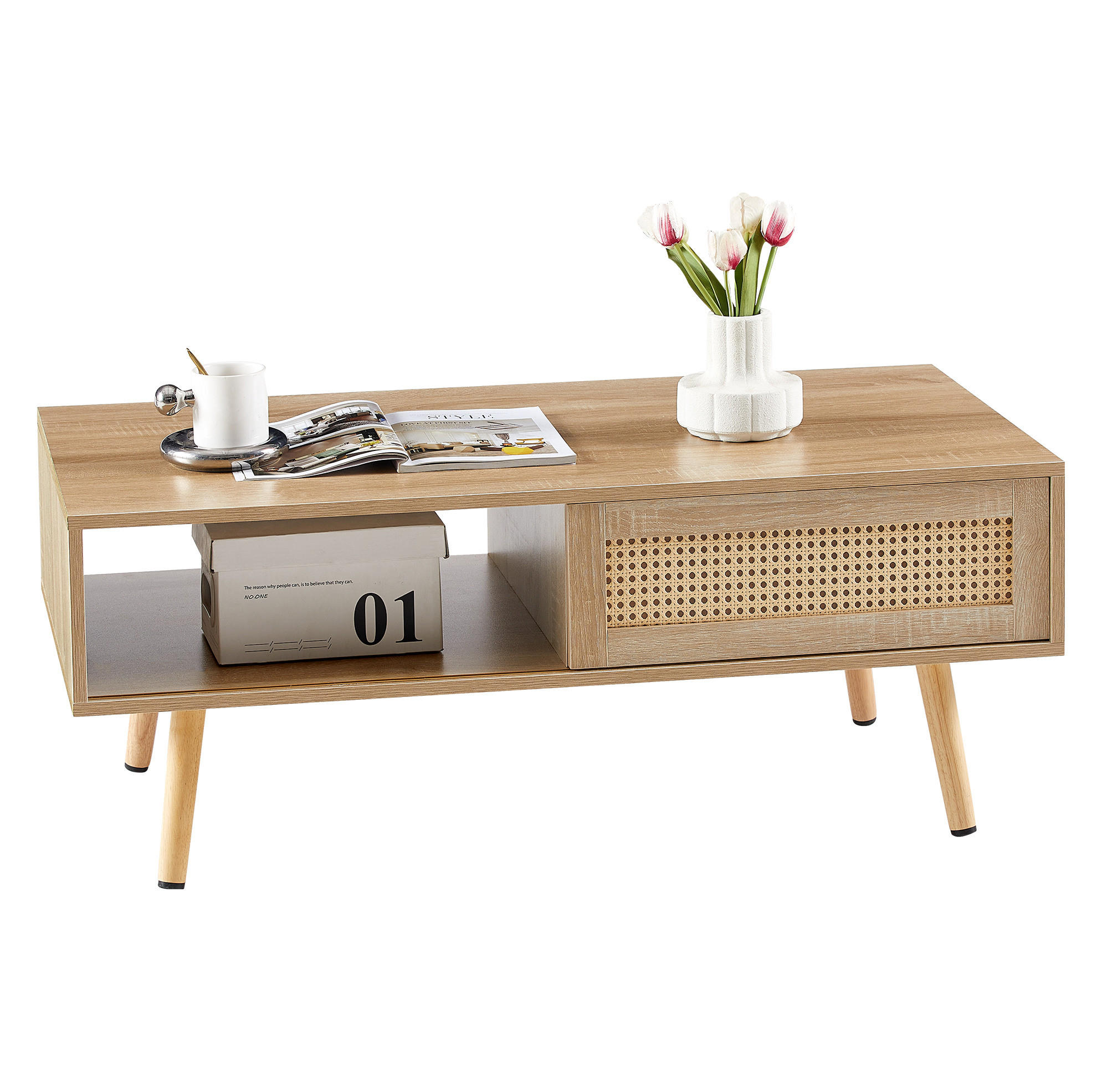 OKWISH KONFERENČNÍ stolek 105/55/40 cm přírodní z MDF s ratanovými posuvnými dvířky