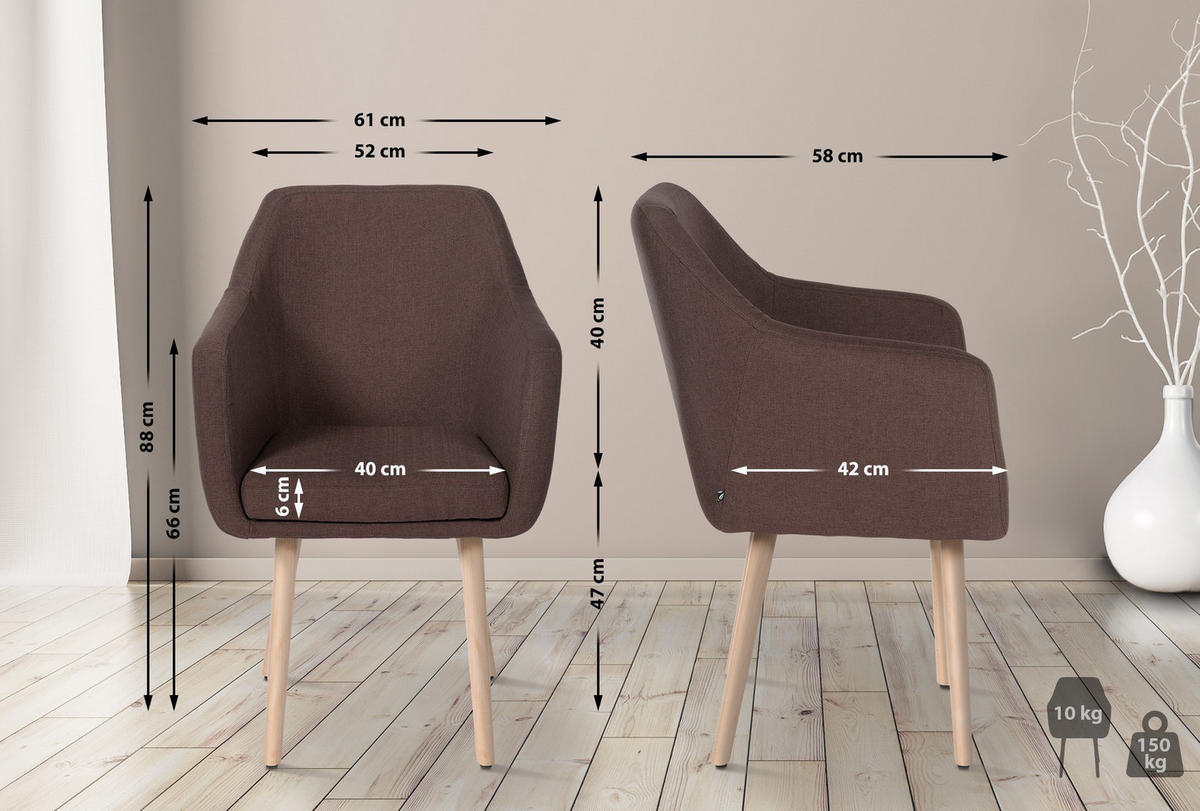 ARMLEHNENSTUHL Stoff braun - Eukalyptusholzfarben/Braun, Holz/Textil (61/88/57.5cm) - CLP