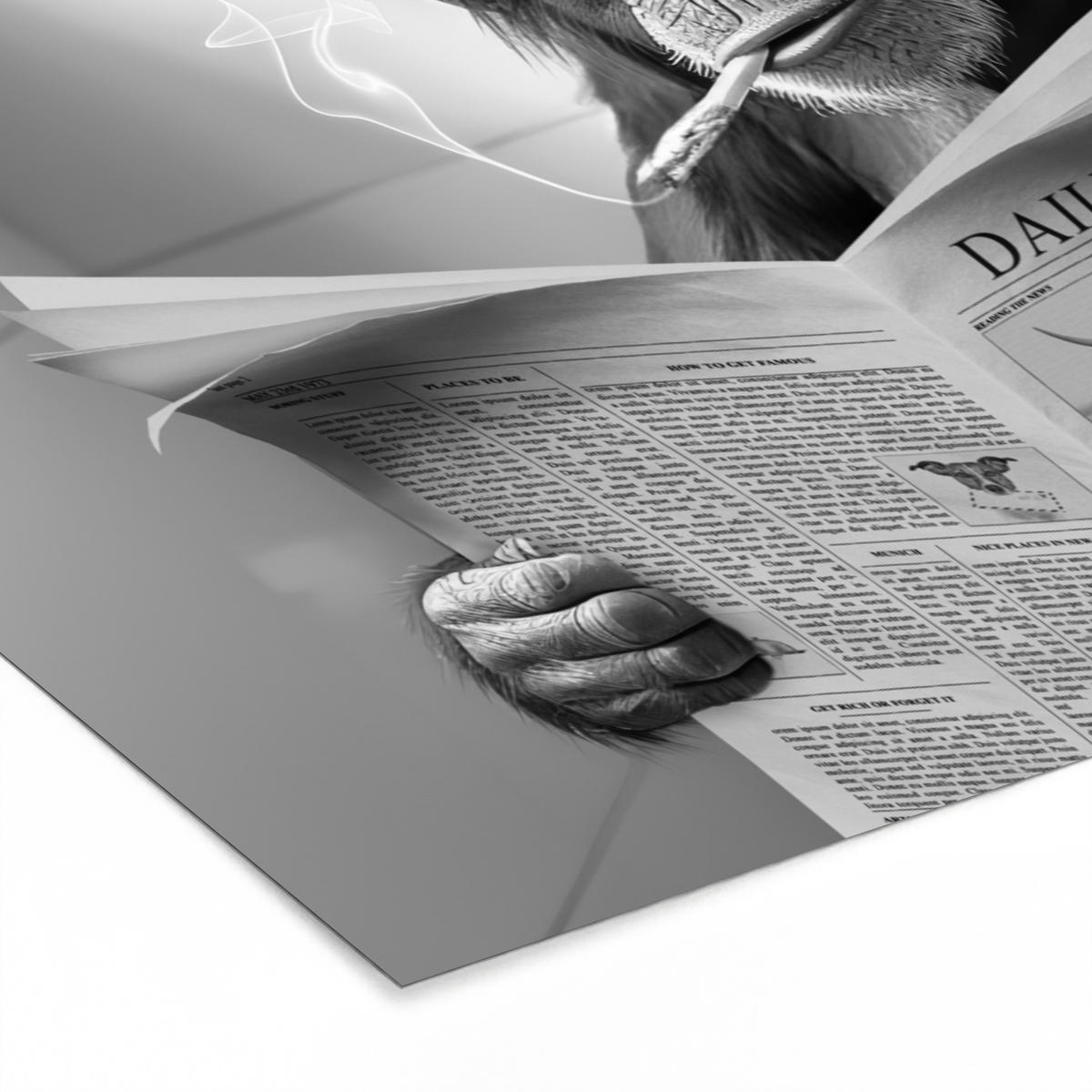 POSTER MIT RAHMENGERAHMTES BILD Affe - WC - Zeitung - Schwarz-Weiß - Humor 120x80 cm - Hellgrau, Papier (120/80cm) - MuchoWow