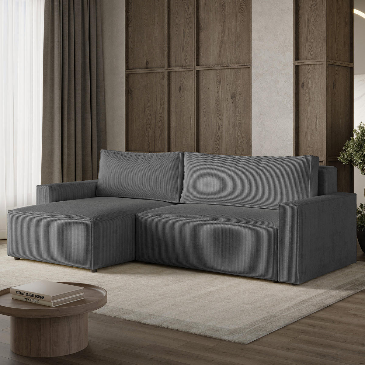 ECKSOFA LIVIO L mit Schlaffunktion und Bettkasten, weicher, dicker Cord pet friendly - POSO 22 - Dunkelgrau, Holz (230/195cm) - Dekori_Interiors