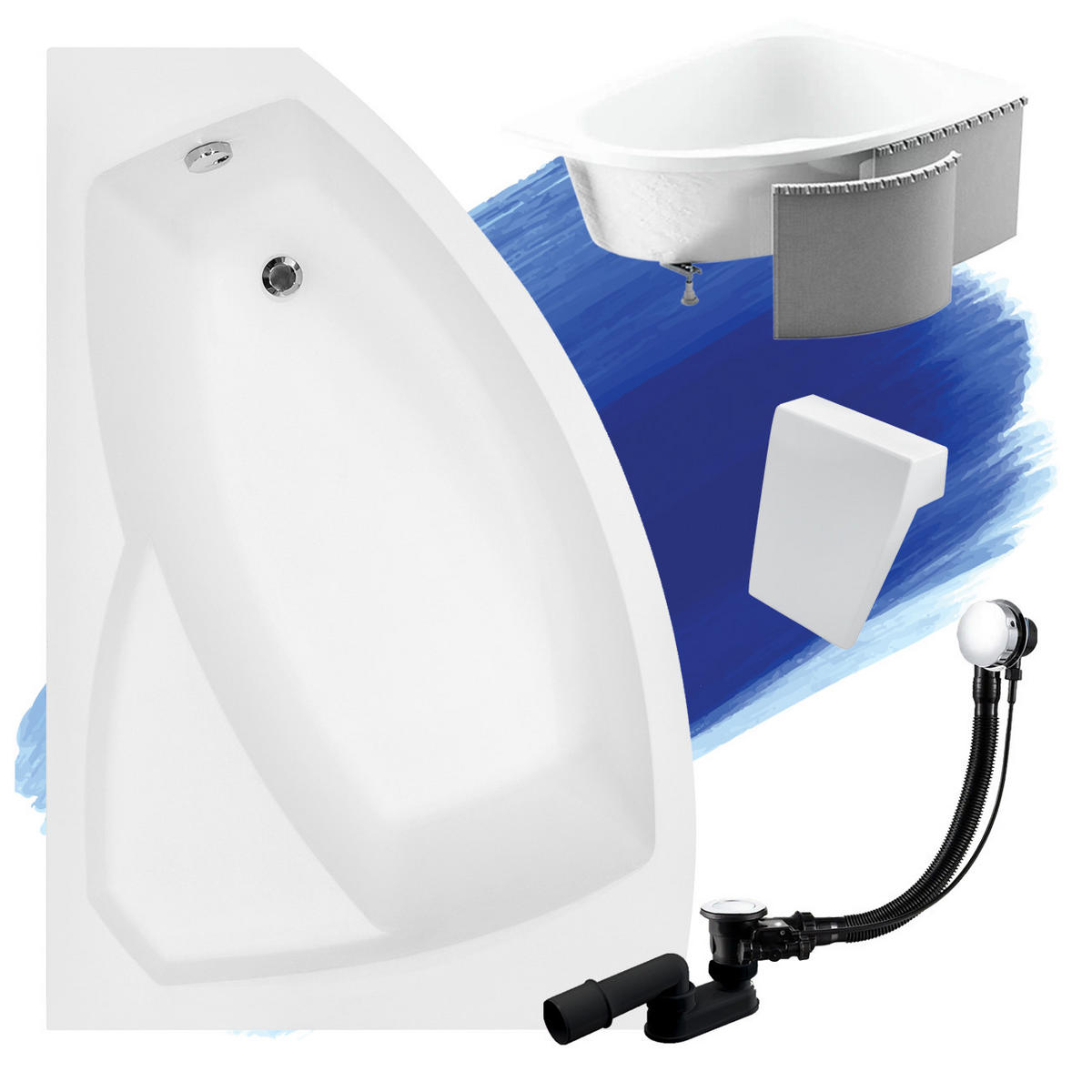 BADEWANNE Eckwanne RIMA 170/110 Links mit Styro und weißer Kopfstützen Ablauf Füße - Weiß, Kunststoff (110/58.5/170cm) - bad land