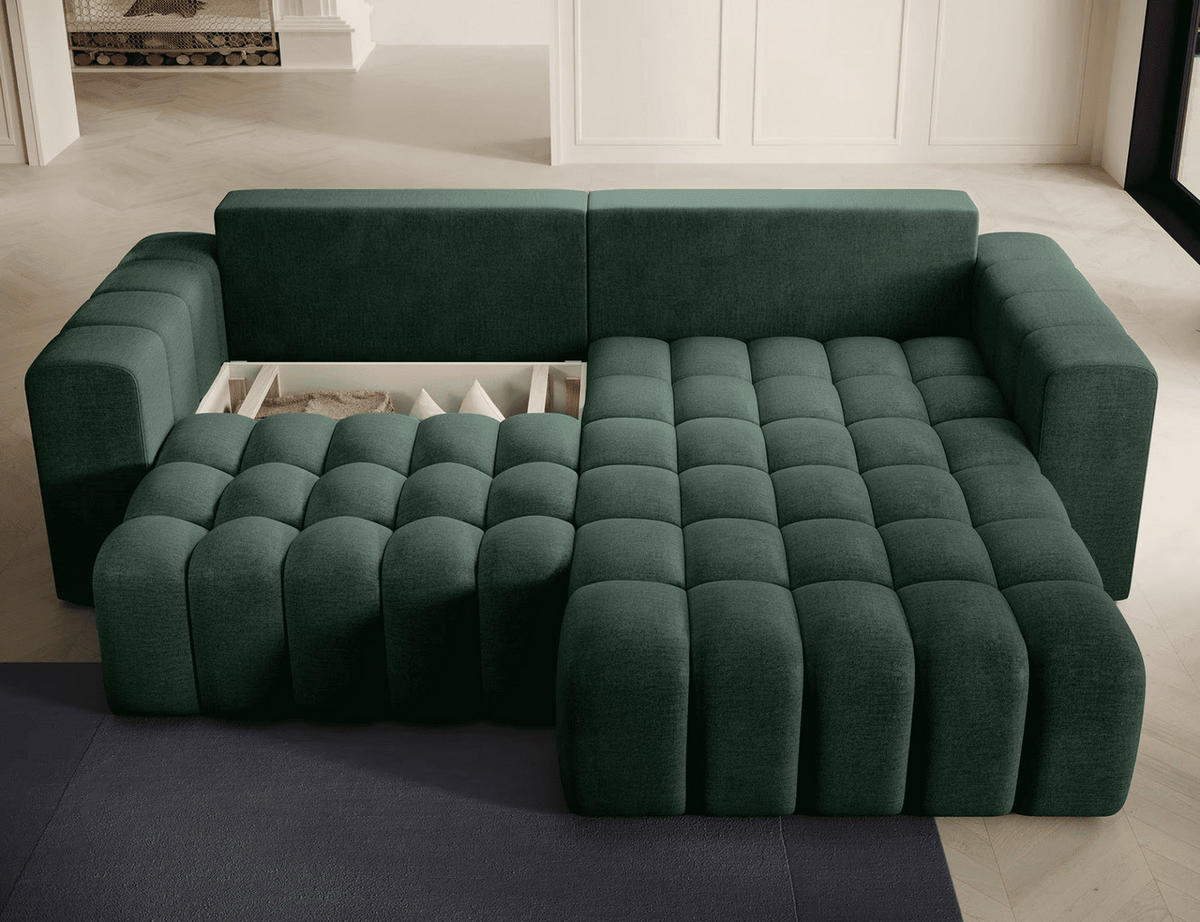 ECKSOFA mit Schlaffunktion und Bettkasten, Velours-Stoff - Dunkelgrün/Schwarz, Textil (175/250cm) - Eltap