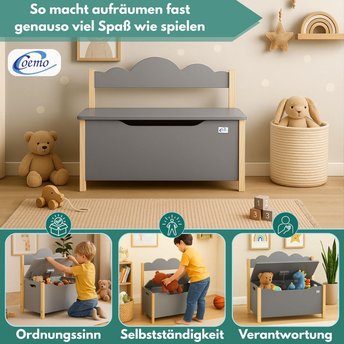KINDERSITZBANK TRUDI Spielzeugtruhe in Grau - Grau, Holzwerkstoff (26/55/60cm) - Coemo